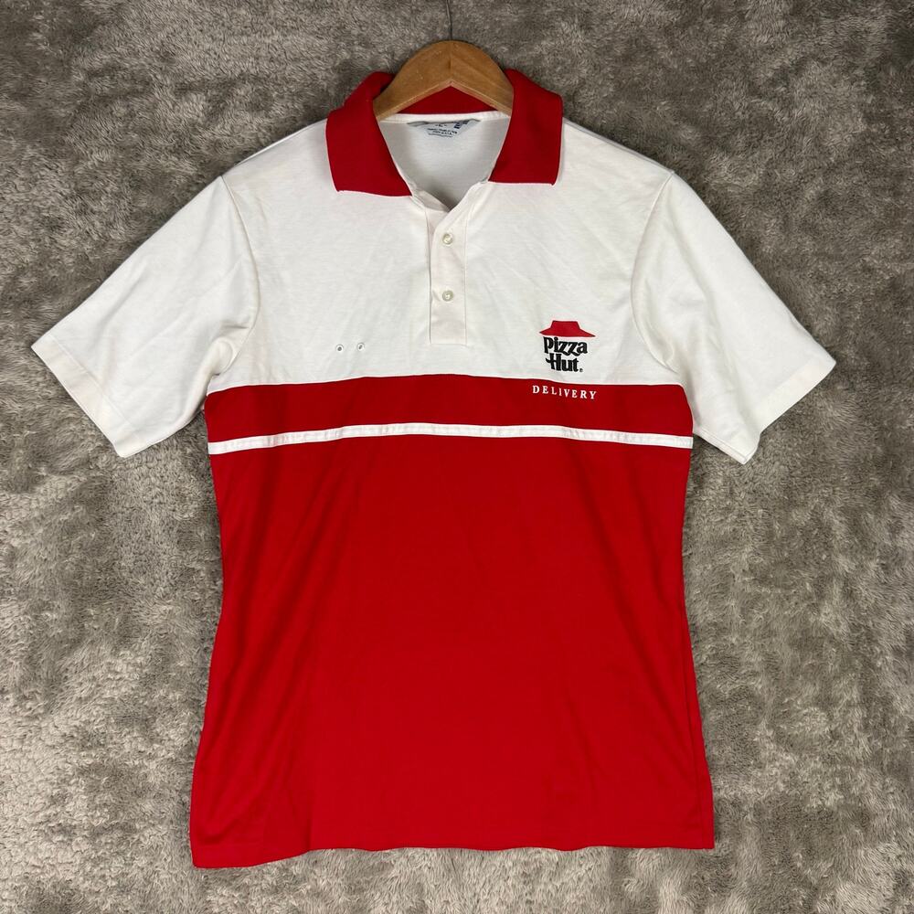 Pizza Hut Vintage 80s Red White Polo Shirt Employee Uniform Delivery Driver L